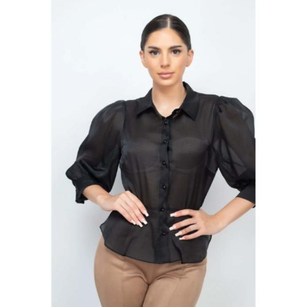 Women’s Black Organza Quarter-Sleeve Top